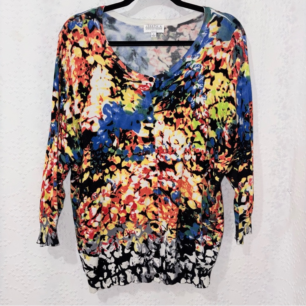 Colorful Abstract Floral Button Front Knit Top Soft Stretch Lightweight Casual